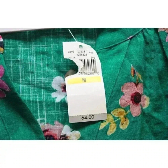 NWT Van Heusen Blouse Womens Size Medium Kelly Green Floral Cotton Tunic V-Neck - Picture 3 of 11